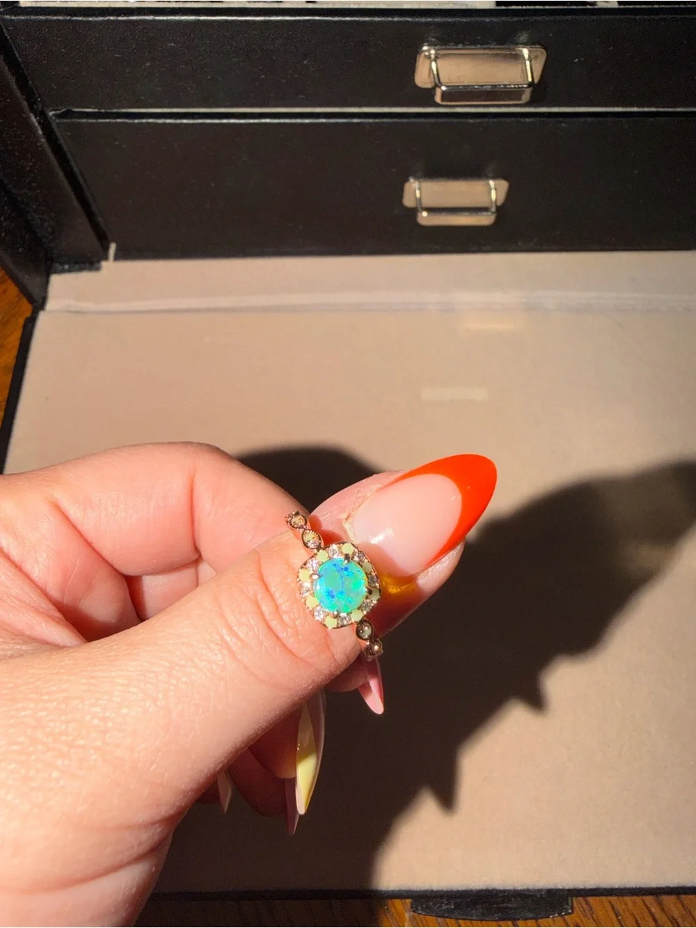 Opal Halo Ring in Blue-Green with Gold Accents
